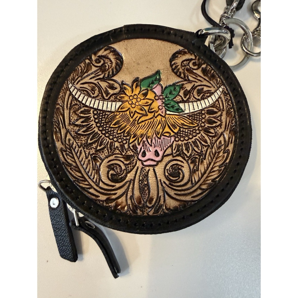 NWT Myra Bag Hand Tooled Leather Highland Cow Round Coin Purse Wristlet Keychain - Picture 2 of 10